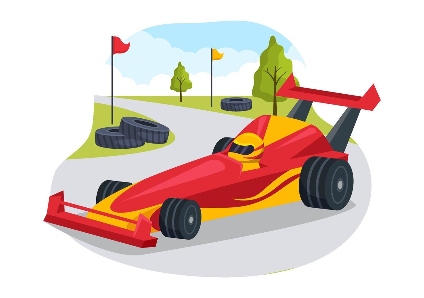 carreras de fórmula coche deportivo alcance en el circuito de carreras la línea de meta ilustración de dibujos animados para ganar el campeonato en estilo plano diseño de plantillas dibujadas a mano vector