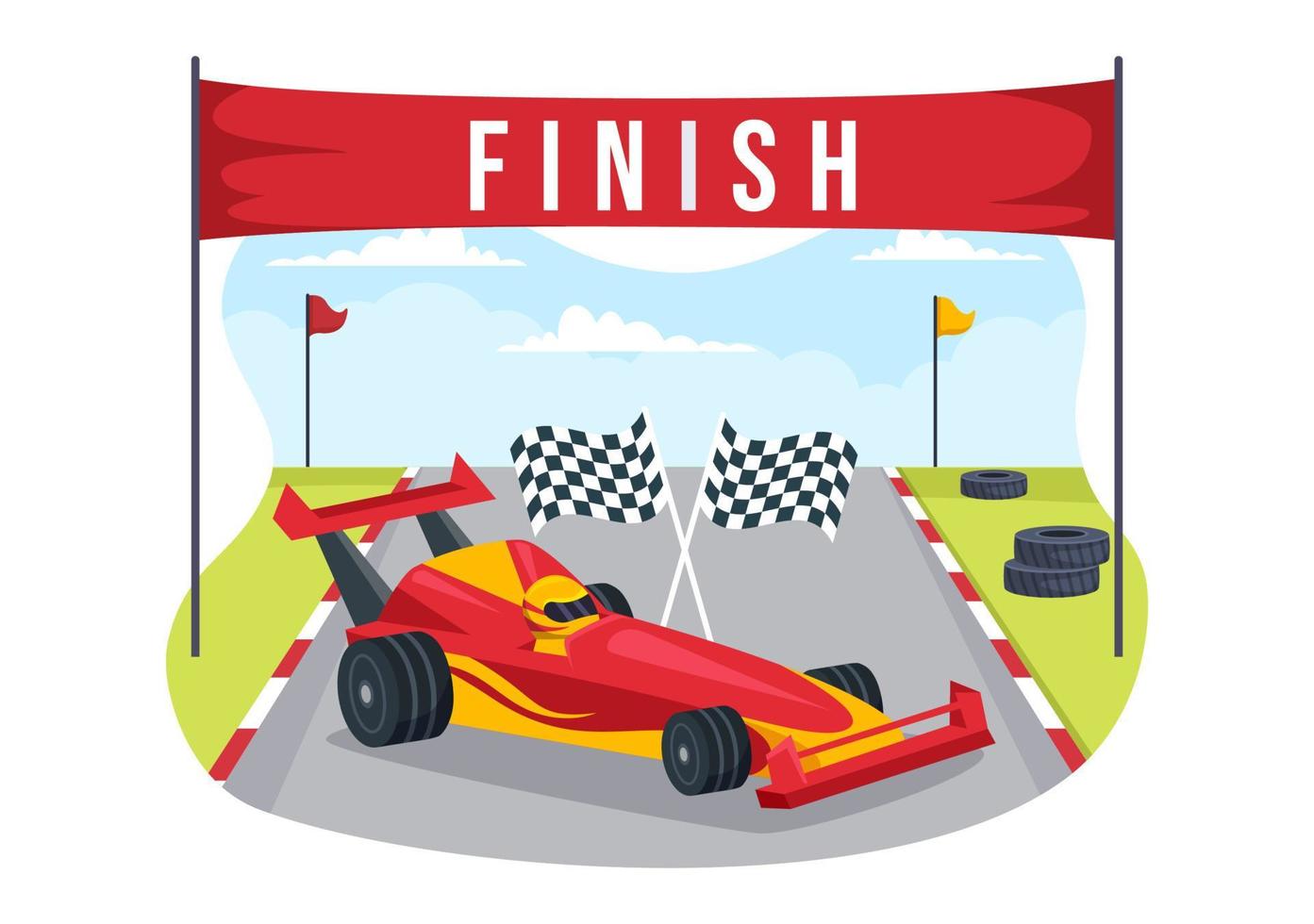 Formula Racing Sport Car Reach on Race Circuit the Finish Line Cartoon Illustration to Win the Championship in Flat Style Hand Drawn Templates Design vector