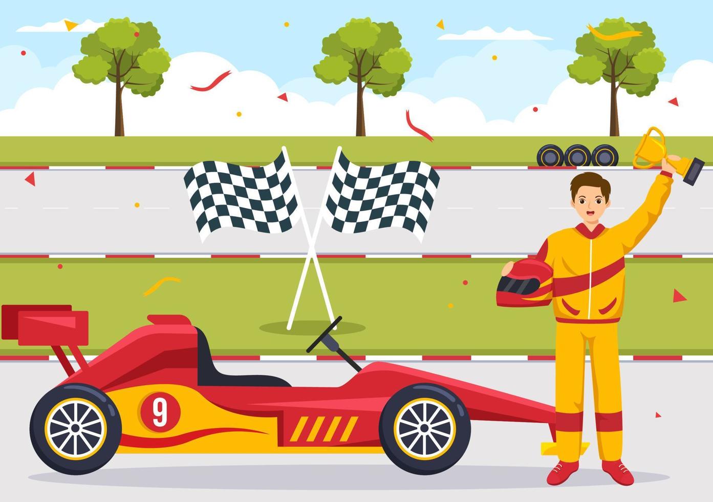 carreras de fórmula coche deportivo alcance en el circuito de carreras la línea de meta ilustración de dibujos animados para ganar el campeonato en estilo plano diseño de plantillas dibujadas a mano vector