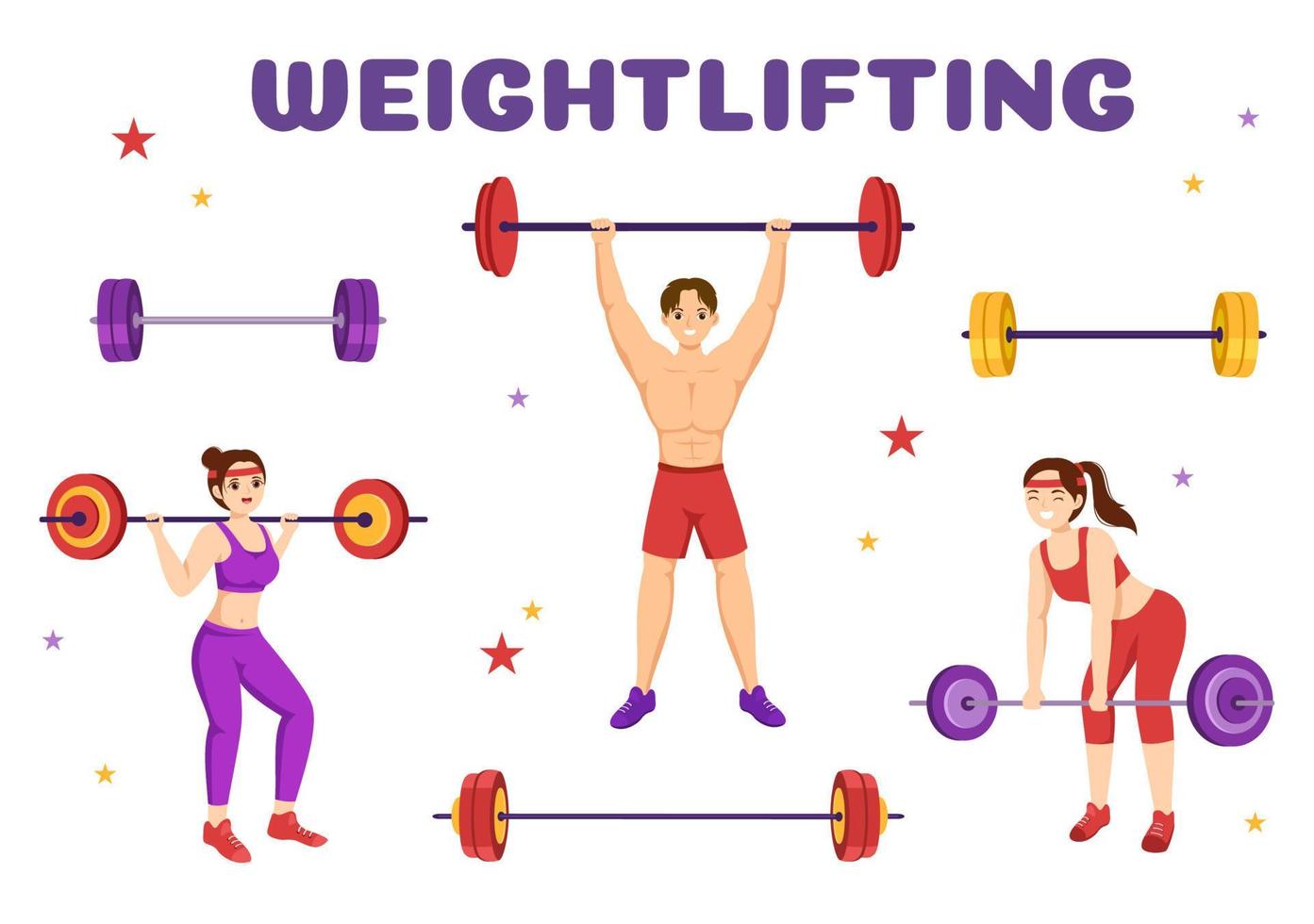 Weightlifting Sport Illustration with Athlete Lifts a Heavy Barbell, Gym Equipment and Bodybuilder Training in Flat Cartoon Hand Drawn Templates vector