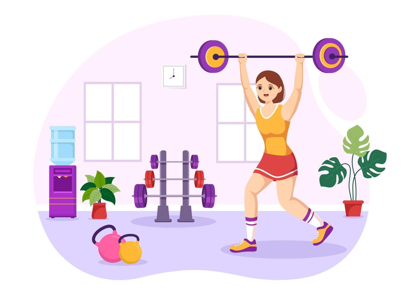 ilustración deportiva de levantamiento de pesas con atleta levanta una barra pesada, equipo de gimnasio y entrenamiento de culturista en plantillas planas dibujadas a mano de dibujos animados vector