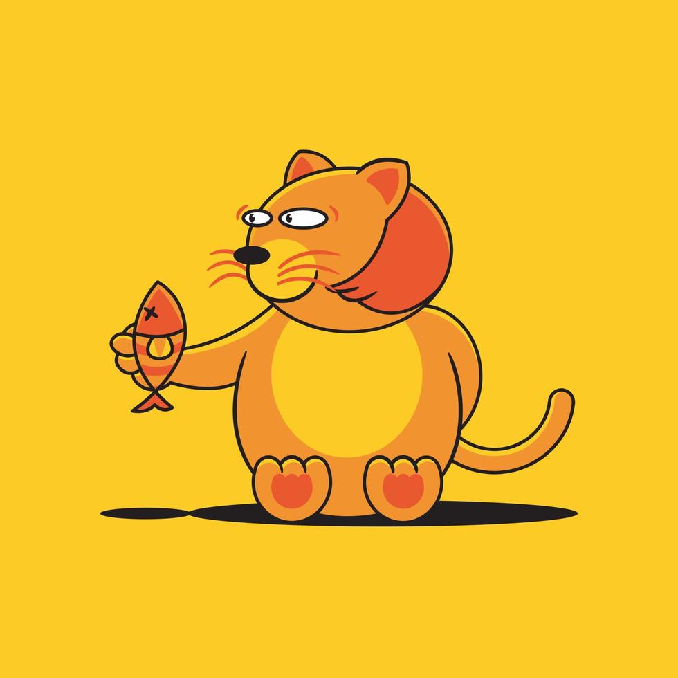 a silly cat shows a fish in his right hand and hides something in his left vector