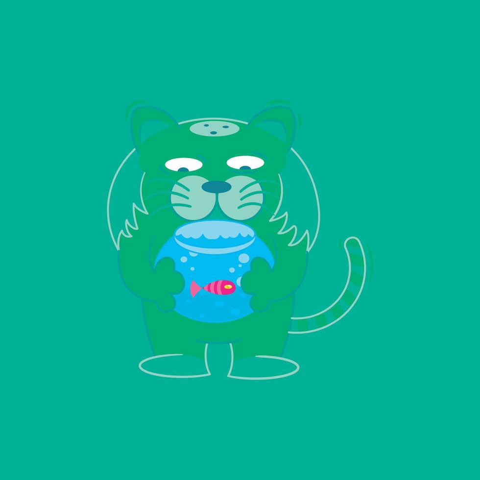 a silly cat carrying an aquarium filled with a fish vector
