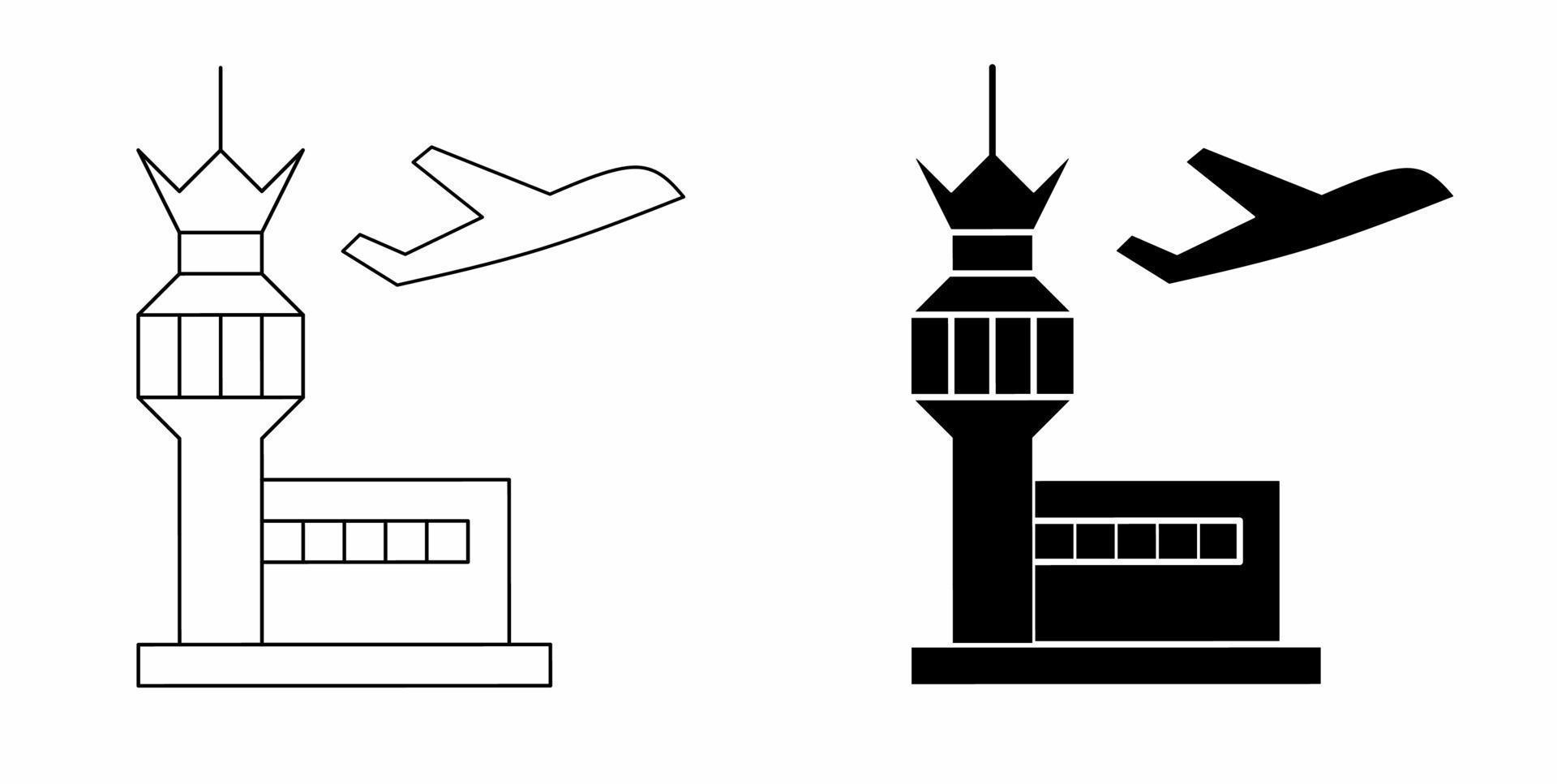 aeropuerto de la torre de control o conjunto de iconos de base militar aislado en fondo blanco. icono plano de la torre de control de vuelo de silueta de contorno vector