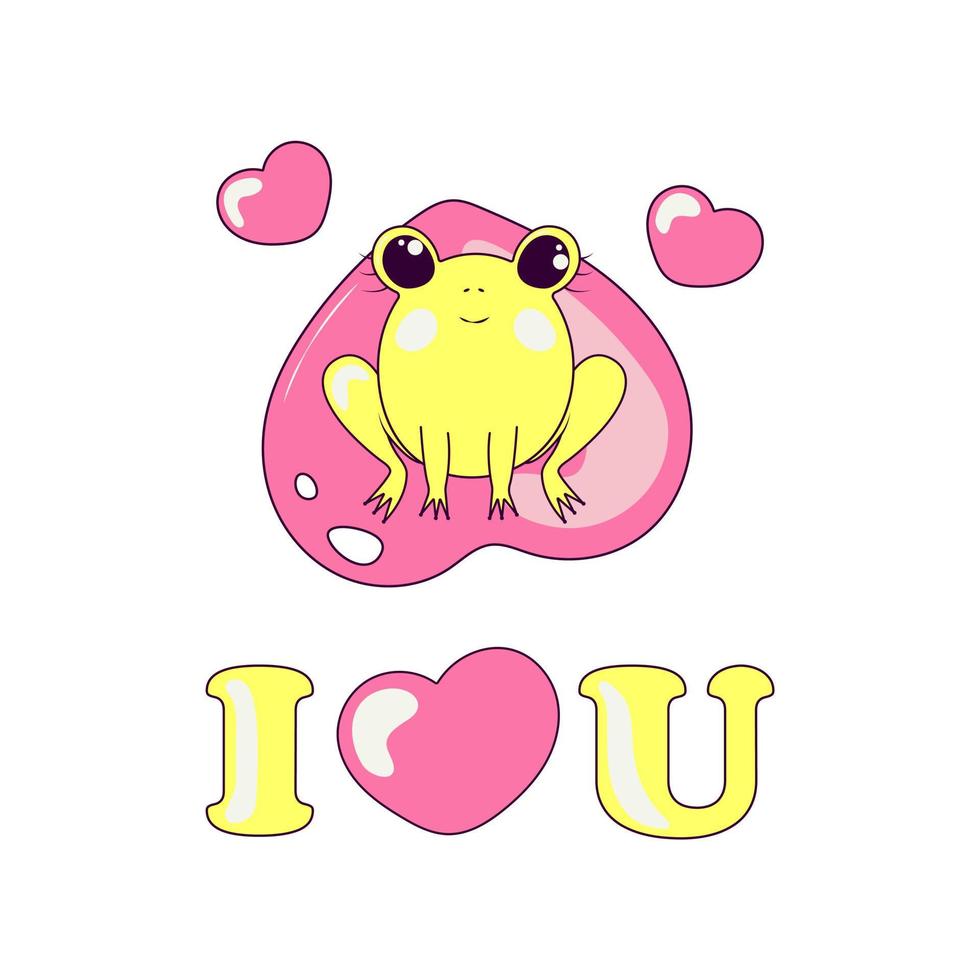 Cute Frog Sits on a Heart Shaped Leaf Character for Day of Valentine Declaration of Love Text I Love You vector