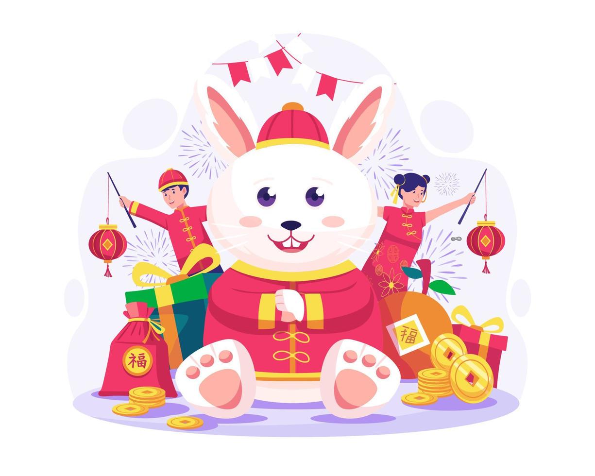 Happy Chinese Lunar new year with Two Kids holding lanterns and a giant Rabbit doing fist and palm greeting salute gestures. Vector illustration in flat style