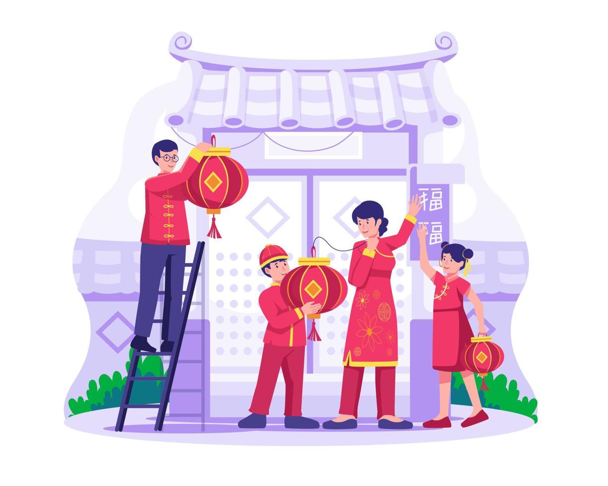 The Asian Family prepares for the Chinese Lunar New Year and decorates together the temple with lanterns. Happy Chinese new year concept. Vector illustration