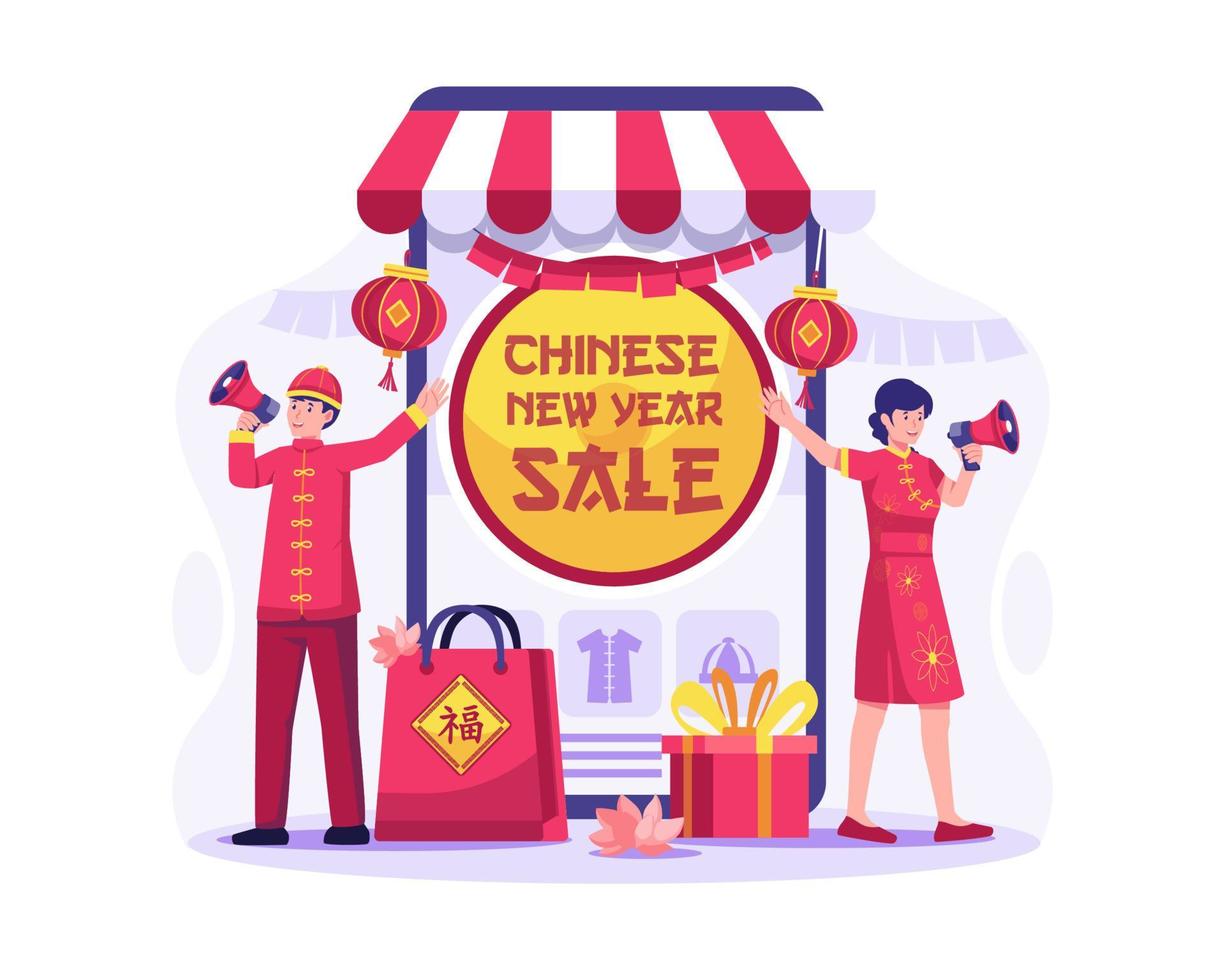 Chinese new year sale illustration. a man and a woman are doing a promotion using a megaphone near a giant Smartphone. Promoting Big Sale and Discount, Special Offers vector