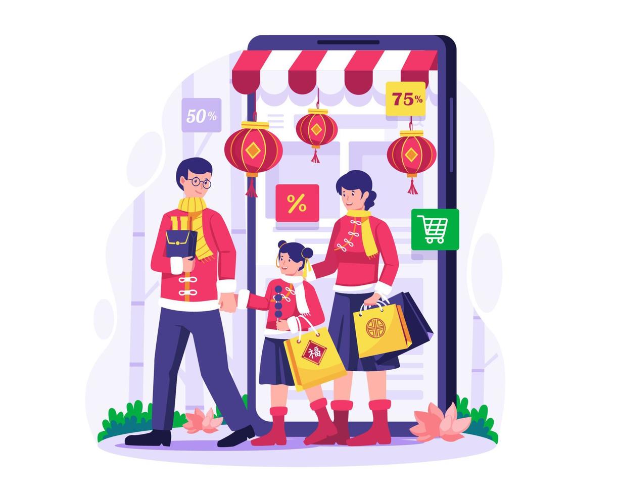 ilustración del concepto de compras en línea. familia asiática caminando a través de un teléfono inteligente comprando bienes y regalos. feliz Año Nuevo Chino vector