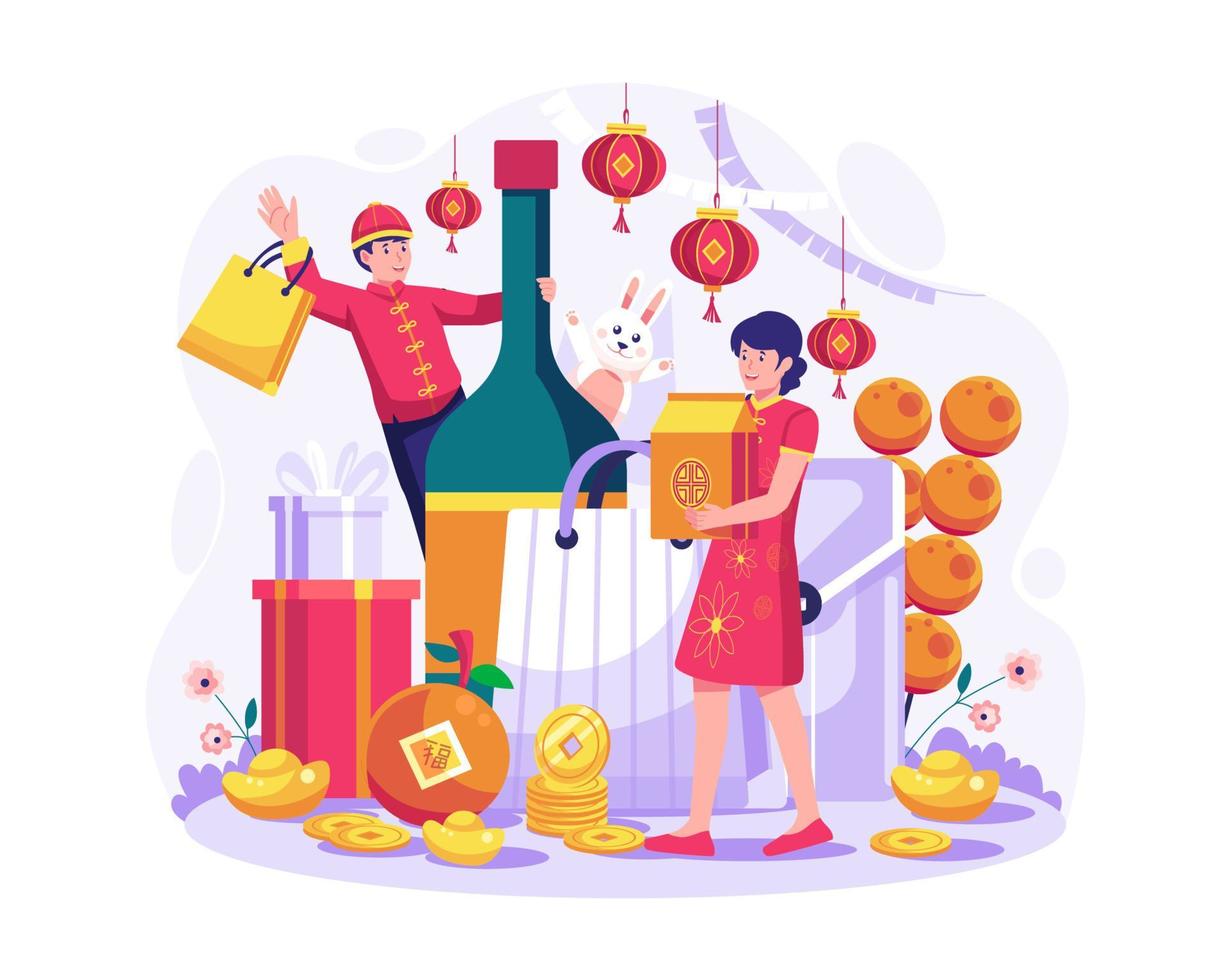 ilustración de compras de año nuevo chino. feliz una pareja compra muchos comestibles de año nuevo. ilustración vectorial en estilo plano vector