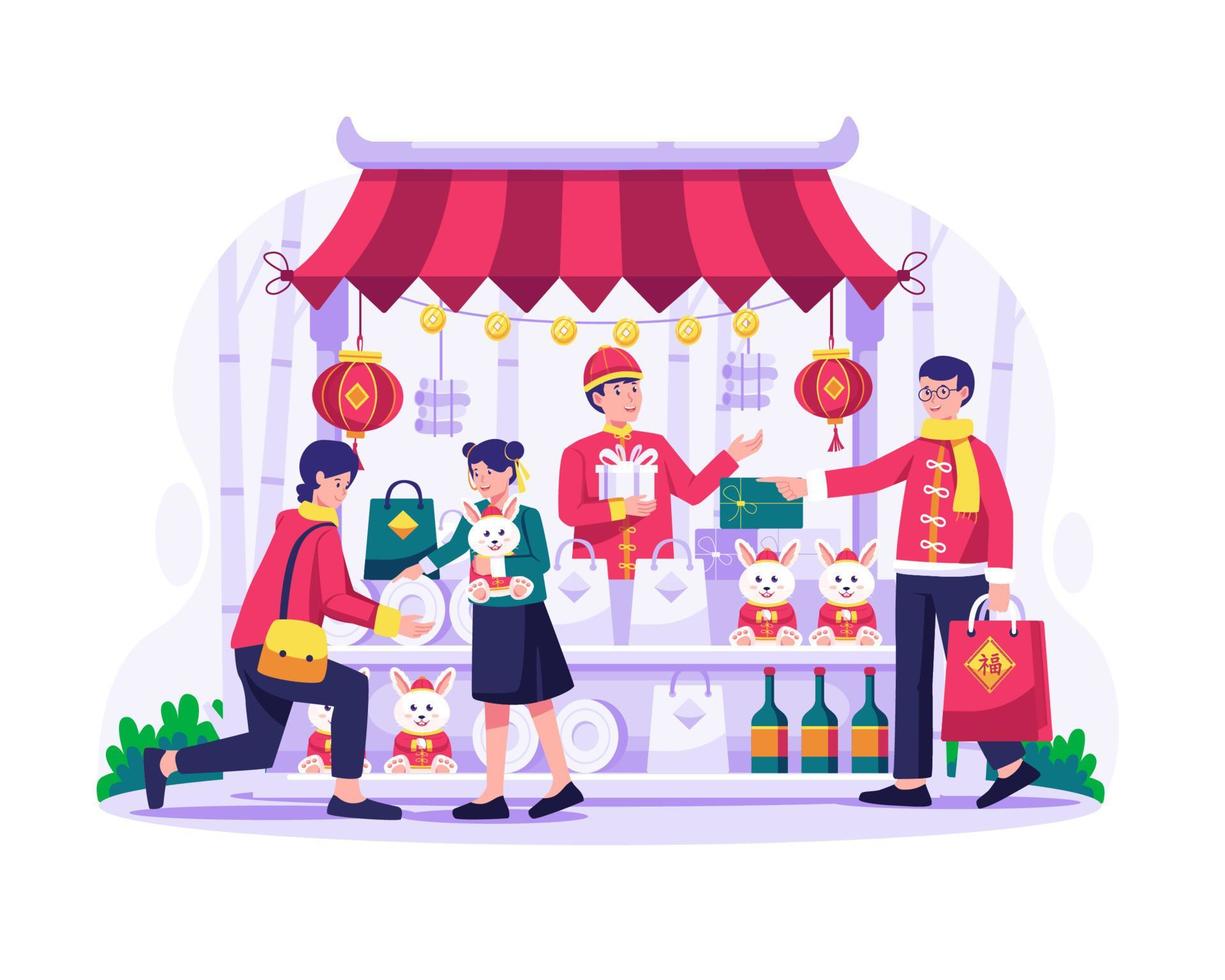 Asian people buy presents and goods from a traditional street market. Counter stall with goods and souvenirs. Chinese new year shopping illustration vector