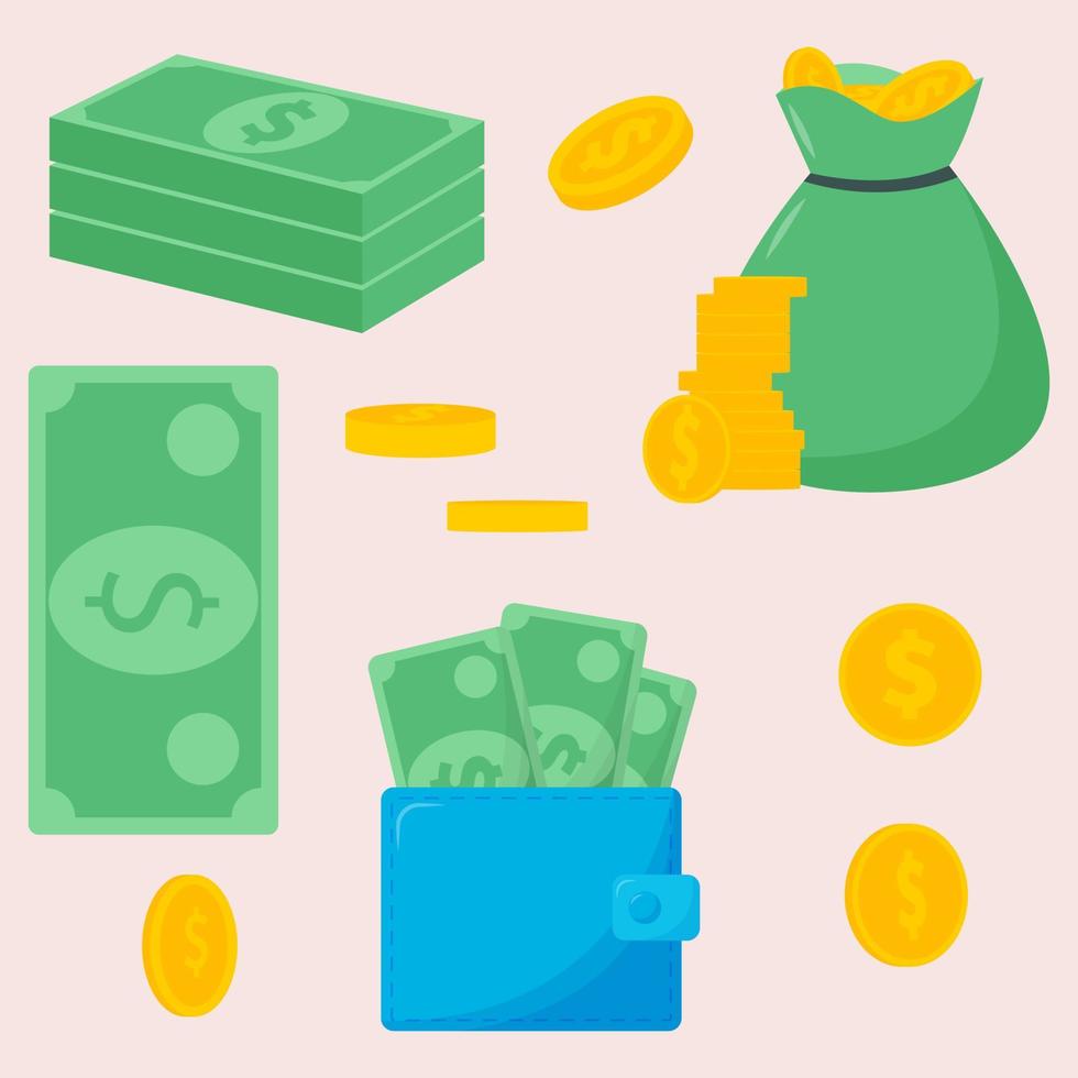 Dollar banknote and gold coins. Stack of cash symbol. Save savings. vector