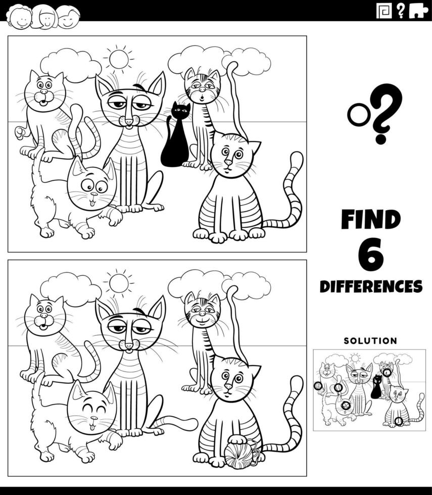 juego de diferencias con gatos de dibujos animados para colorear página vector