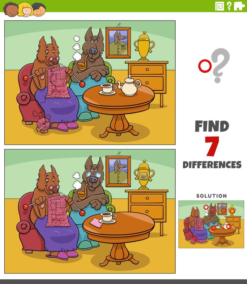 differences game with cartoon senior dogs couple at home vector