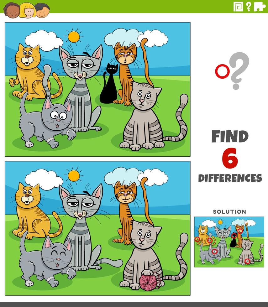 differences game with cartoon cats animal characters vector
