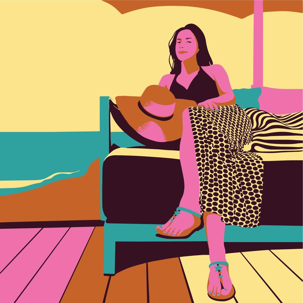 ilustración vectorial de una mujer sentada cerca del mar en colores vivos saturados vector