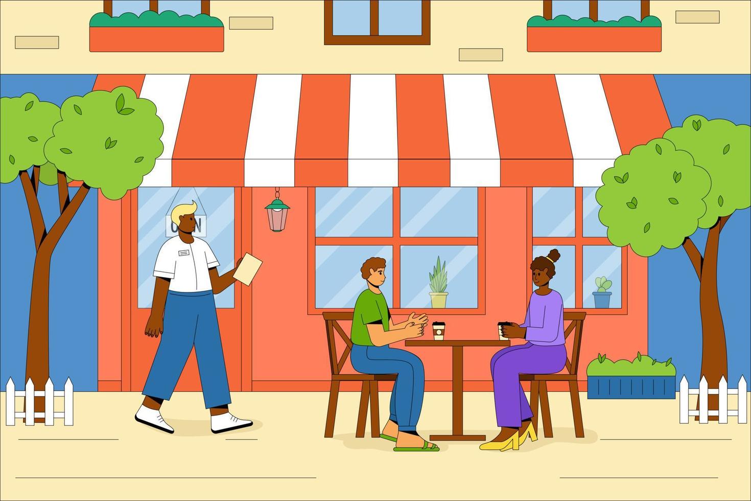 la gente se relaja y bebe café al aire libre. el edificio de la cafetería de verano con mesas y sillas al aire libre. el camarero lleva el menú. concepto de un café de verano. ilustración plana vector