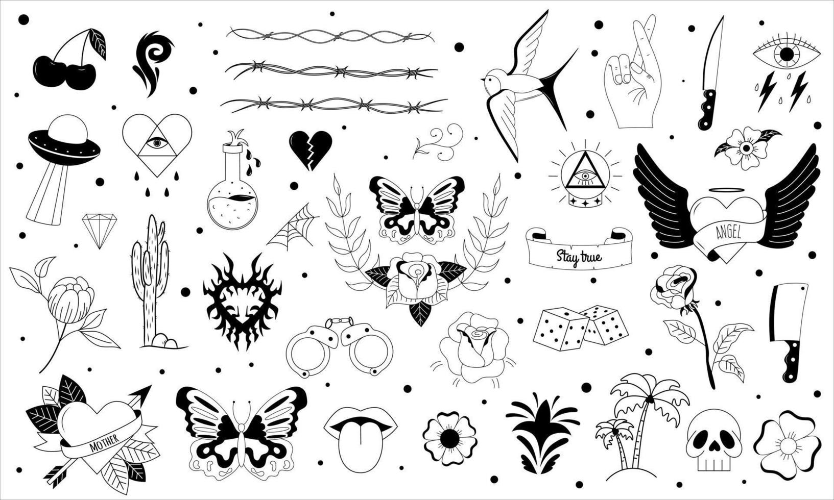 conjunto de tatuajes en y2k, estilo 1990, 2000. diseño de elementos emo goth con corazones en llamas, cuchillo, rosa, flor, mariposa, fuego, cráneo. tatuaje de la vieja escuela. ilustración vectorial vector