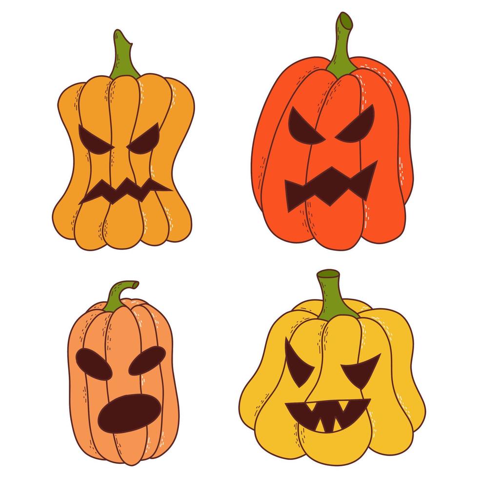 conjunto de calabazas de varias formas y colores con caras graciosas. elementos de halloween ilustración vectorial en estilo dibujado a mano vector