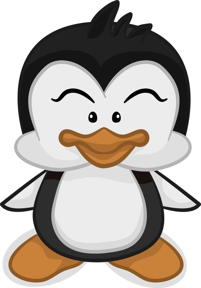 Pingüino bebé travieso frente a fondo blanco aislado, color plano vector