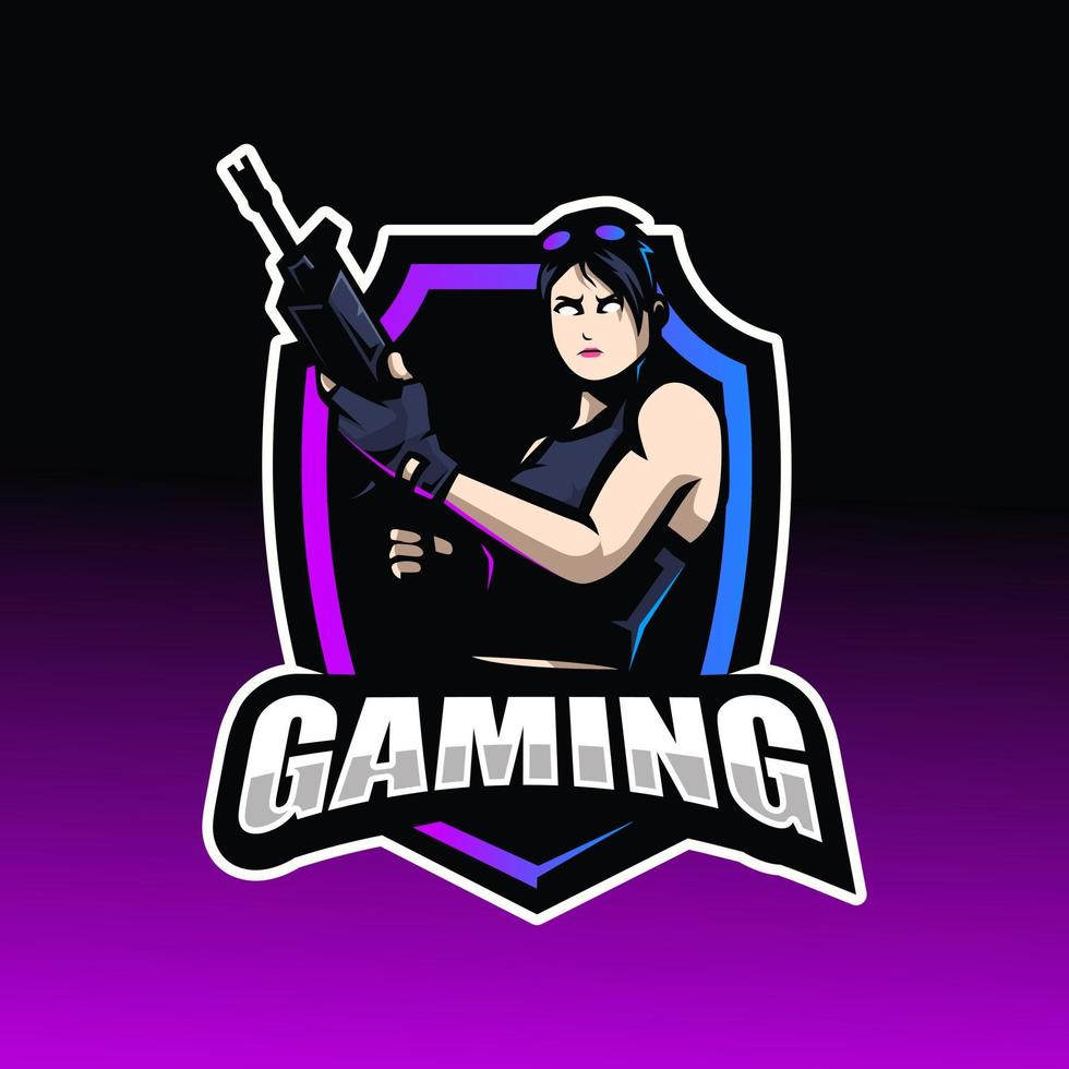 logotipo de la mascota del personaje de juego. mujer con rifle en escudo para juego de equipo esport vector