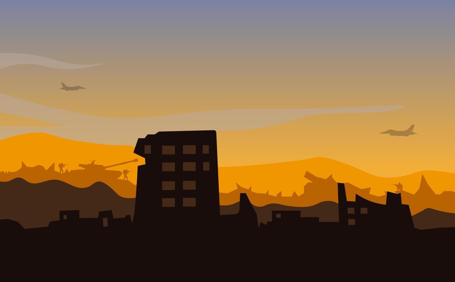 City destroyed by war vector illustration, soldier background, soldier silhouette, Artillery, Cavalry, Tank, Warplane.