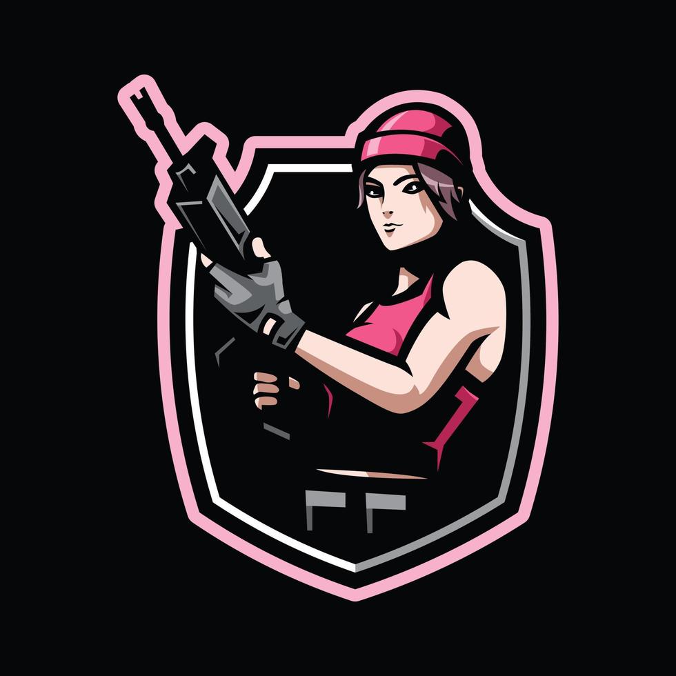 logotipo de esport de juego de mascota de guerrero de niña. mujer sosteniendo rifle en escudo vector