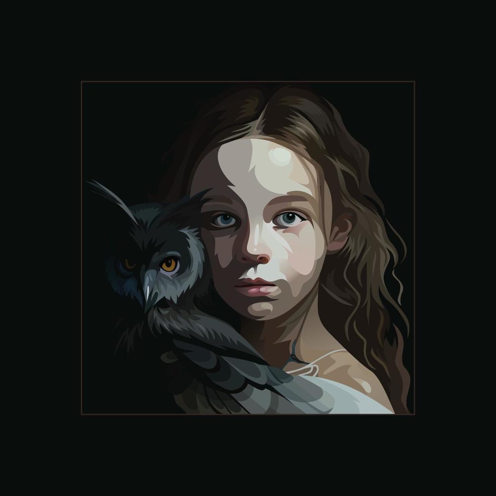 vector portrait of girl and owl