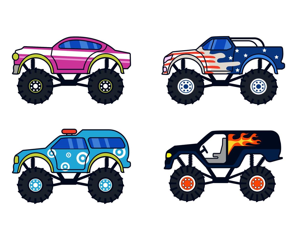 Collection of monster truck. Heavy vehicle design suitable for sticker, t-shirt, or vehicle club logo. vector