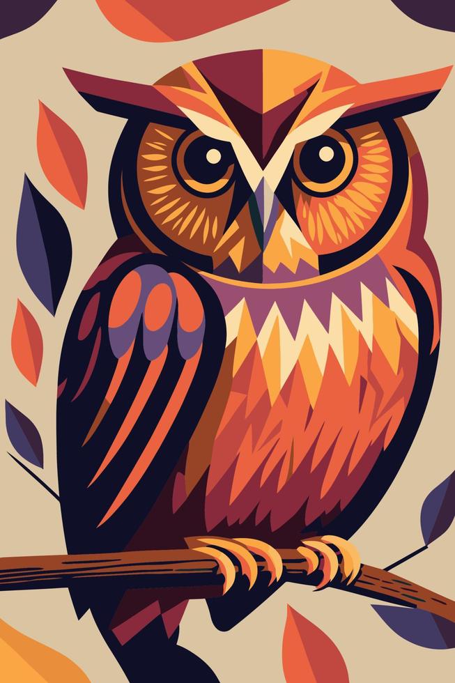 owl cartoon flat color vector poster. abstract owl wall art print background