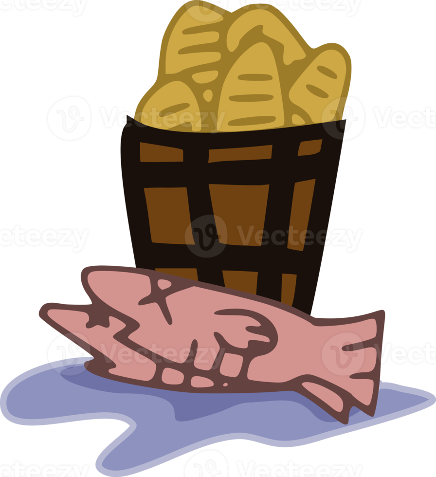 Five Breads and Two Fishes in a basket Illustration png