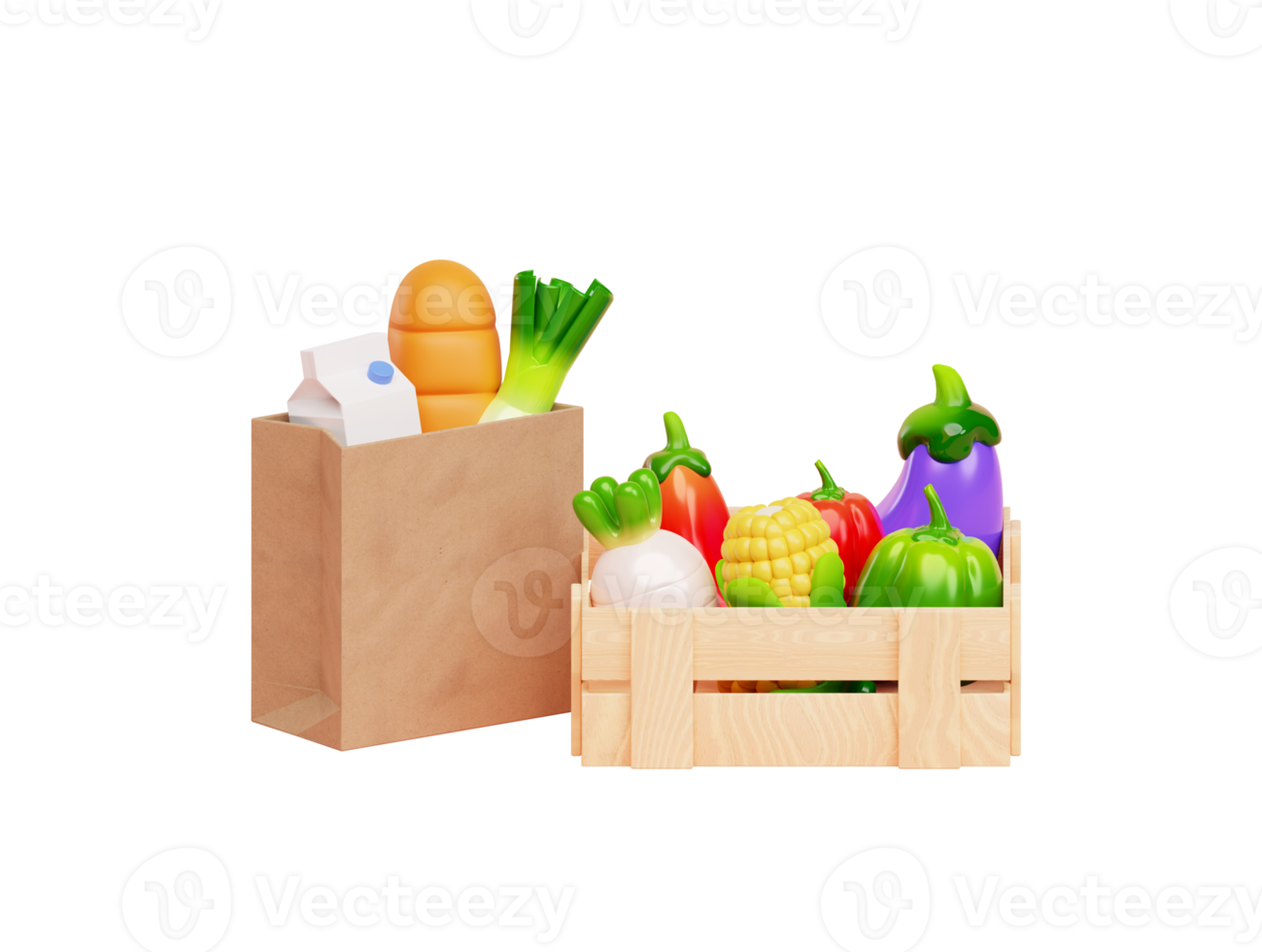 Wooden box with fresh and healthy vegetable sale supermarket shopping icon sign or symbol 3d render illustration png