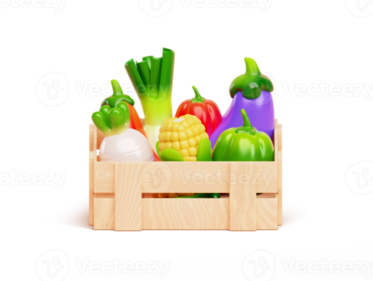 Wooden box with fresh and healthy vegetables cartoon 3d render illustration png