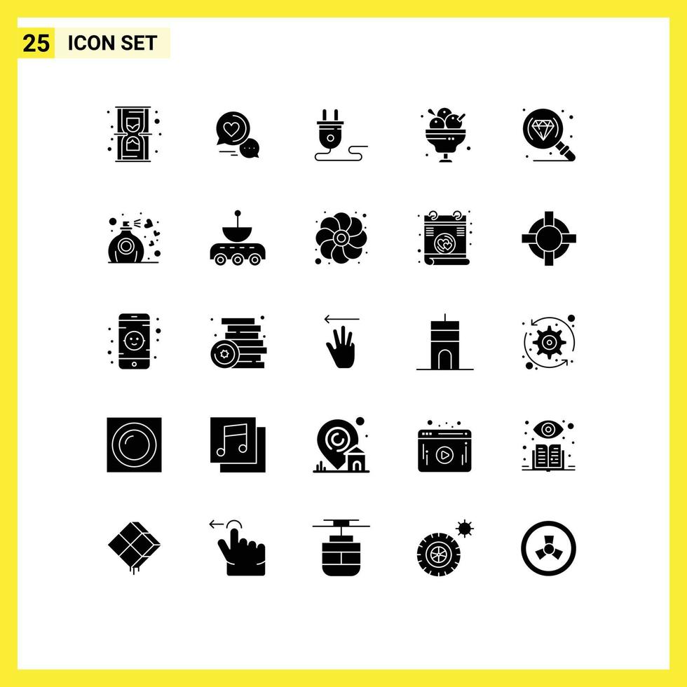 Pack of 25 Modern Solid Glyphs Signs and Symbols for Web Print Media such as restaurant food couple chat dessert power supply Editable Vector Design Elements