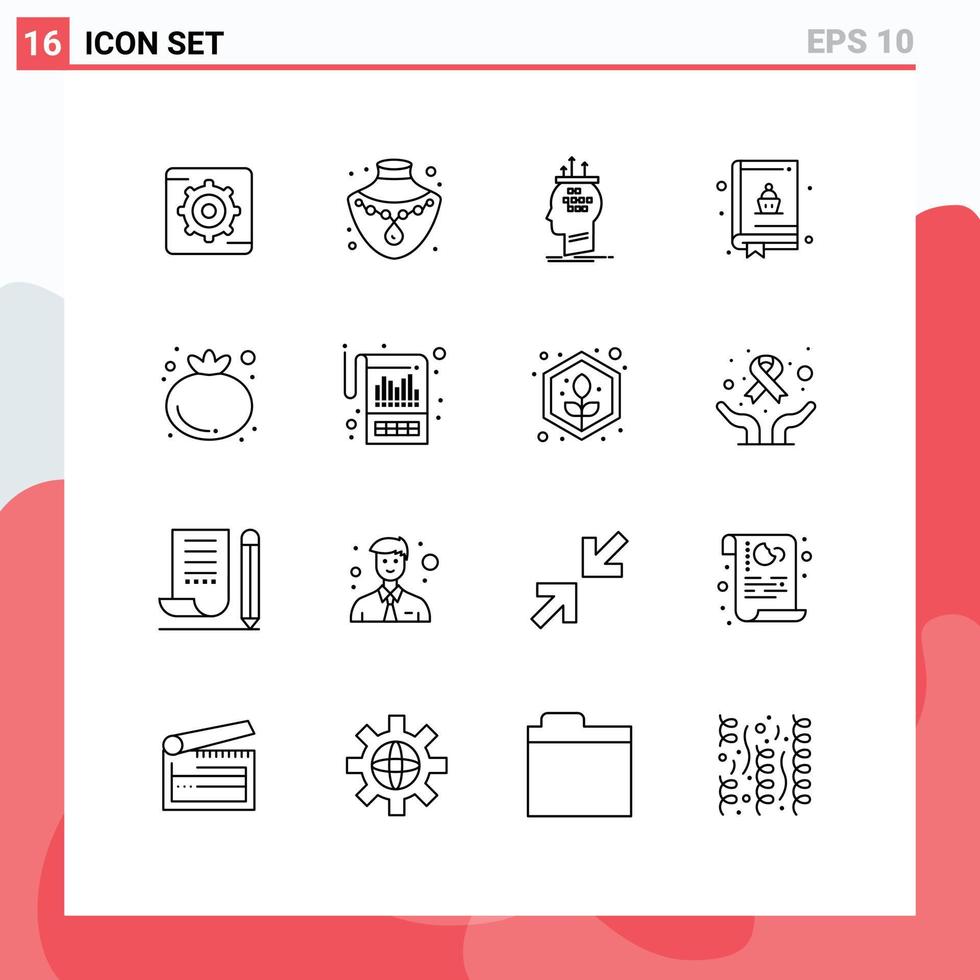 16 User Interface Outline Pack of modern Signs and Symbols of account tomato conclusion food food Editable Vector Design Elements