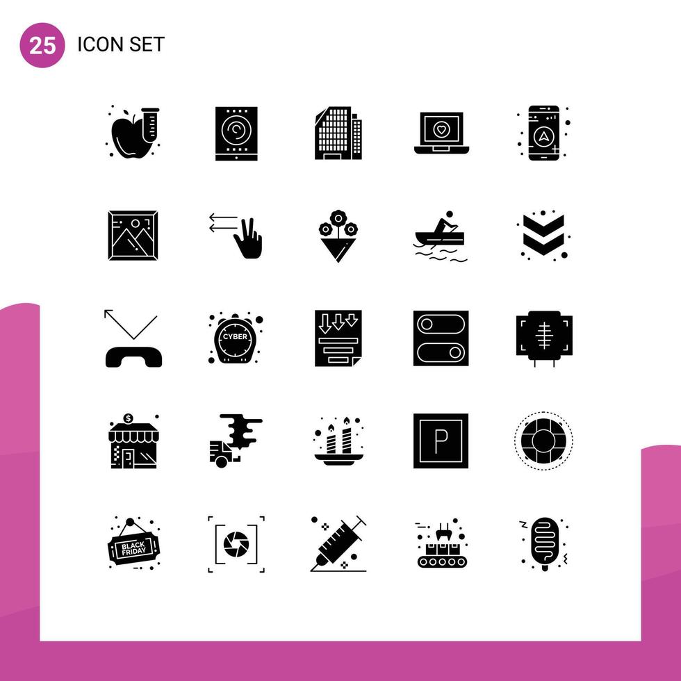 25 Universal Solid Glyphs Set for Web and Mobile Applications navigation gps apartment love laptop Editable Vector Design Elements