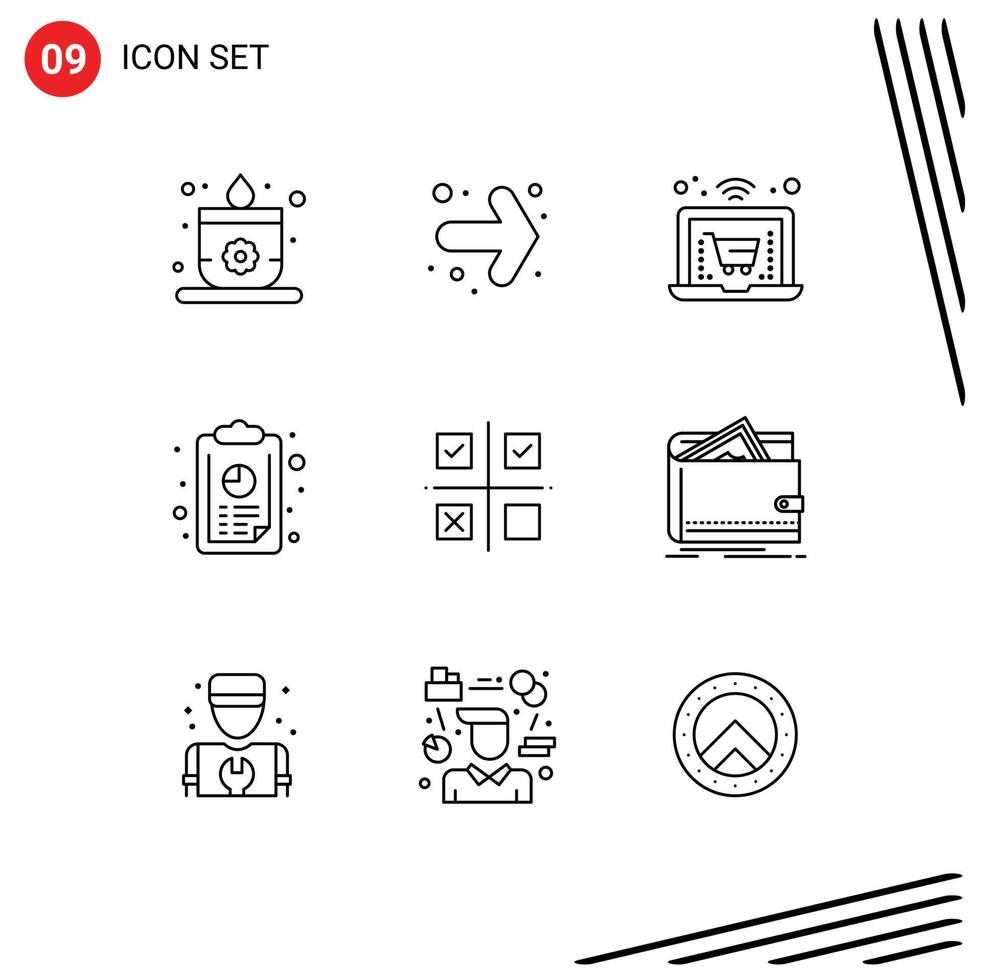 Pack of 9 creative Outlines of production priorities laptop management graph Editable Vector Design Elements