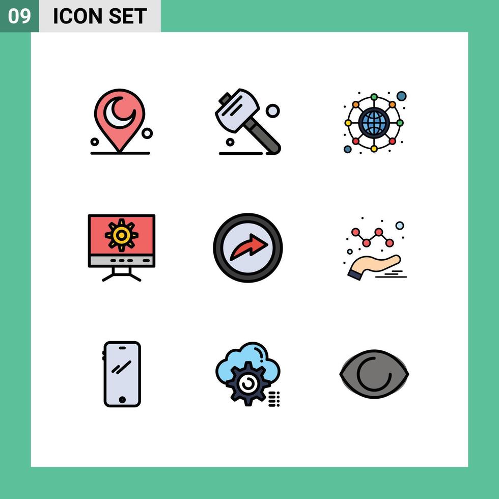 9 User Interface Filledline Flat Color Pack of modern Signs and Symbols of graph analytics network share export Editable Vector Design Elements