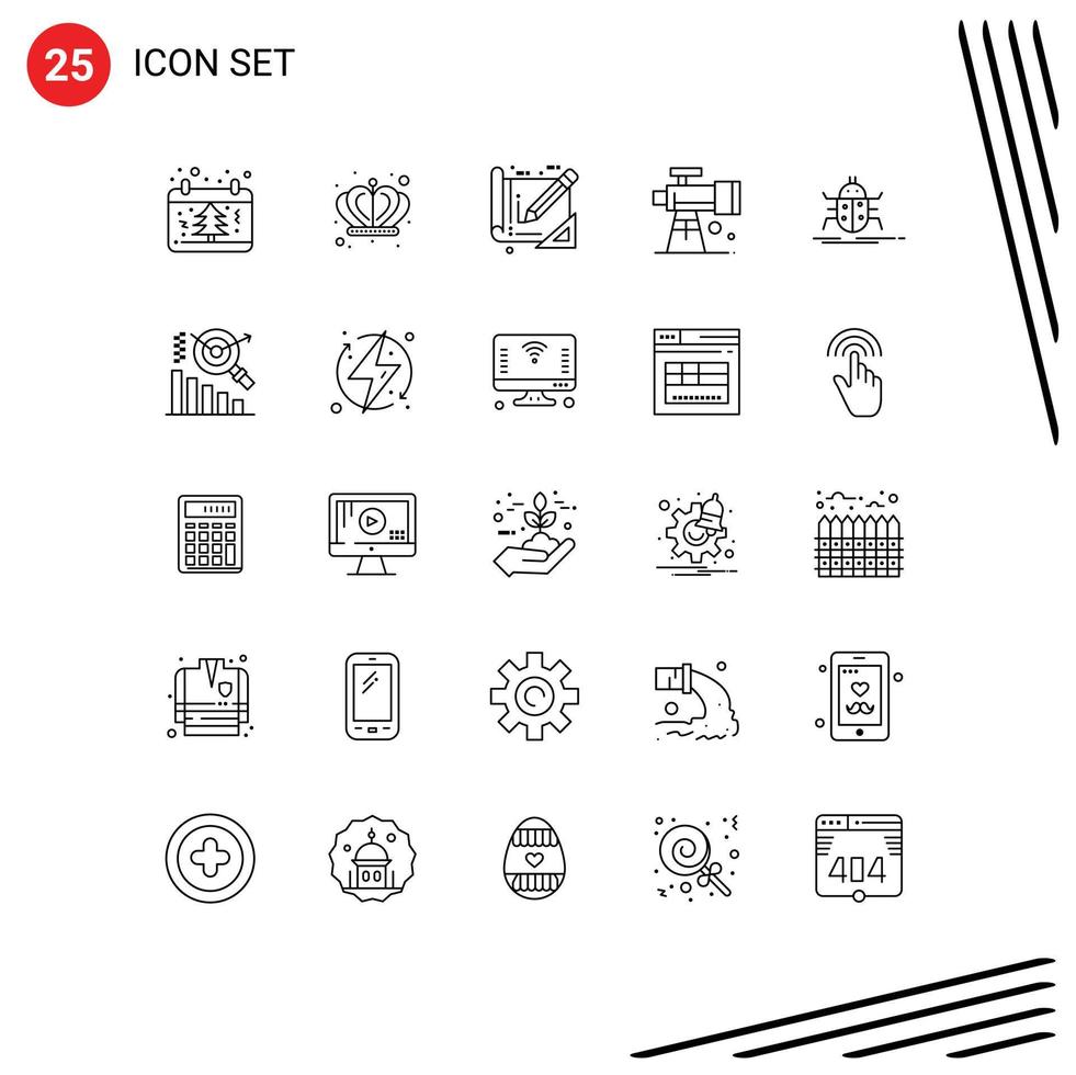 Modern Set of 25 Lines and symbols such as bugs telescope tools space astronomy Editable Vector Design Elements