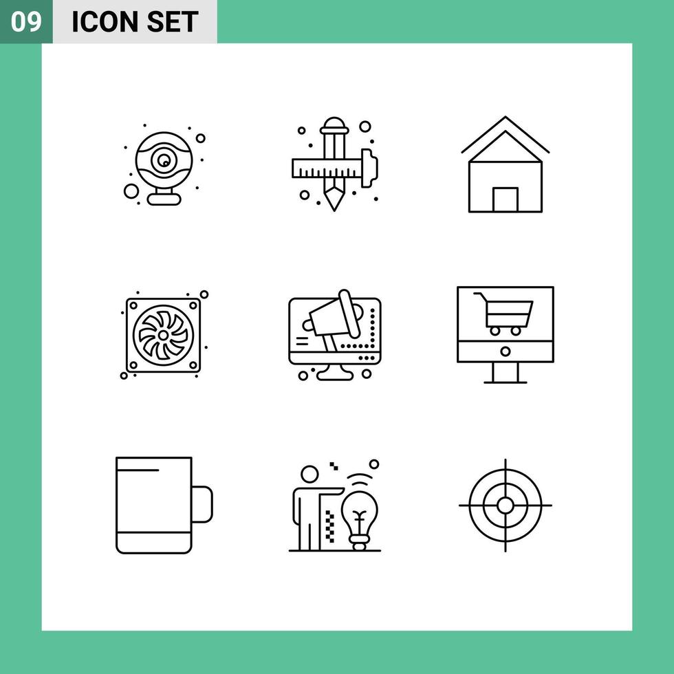 Universal Icon Symbols Group of 9 Modern Outlines of business fan building computer hut Editable Vector Design Elements