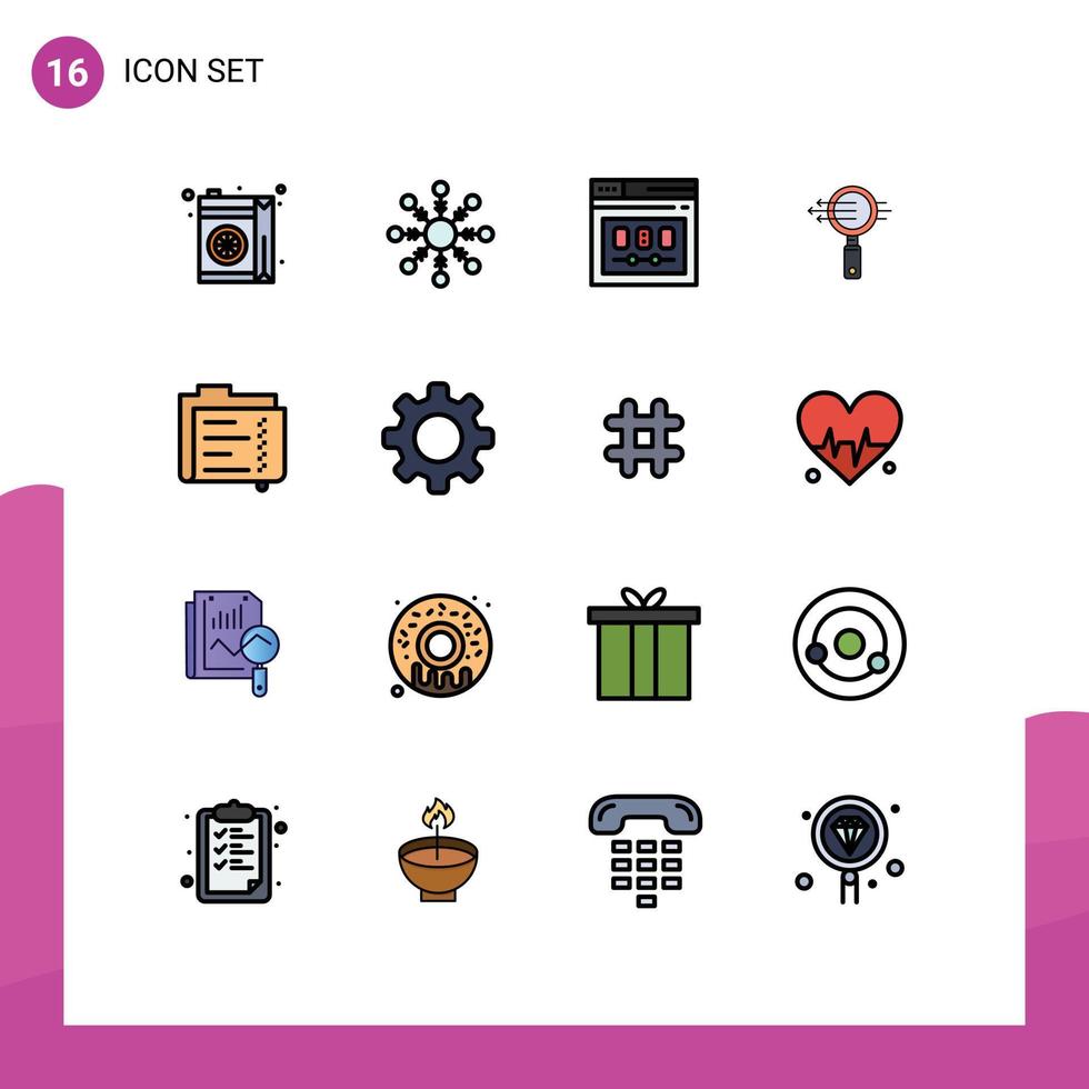 grupo de símbolos de icono universal de 16 líneas modernas llenas de color plano de página de zoom de datos e búsqueda elementos de diseño de vectores creativos editables
