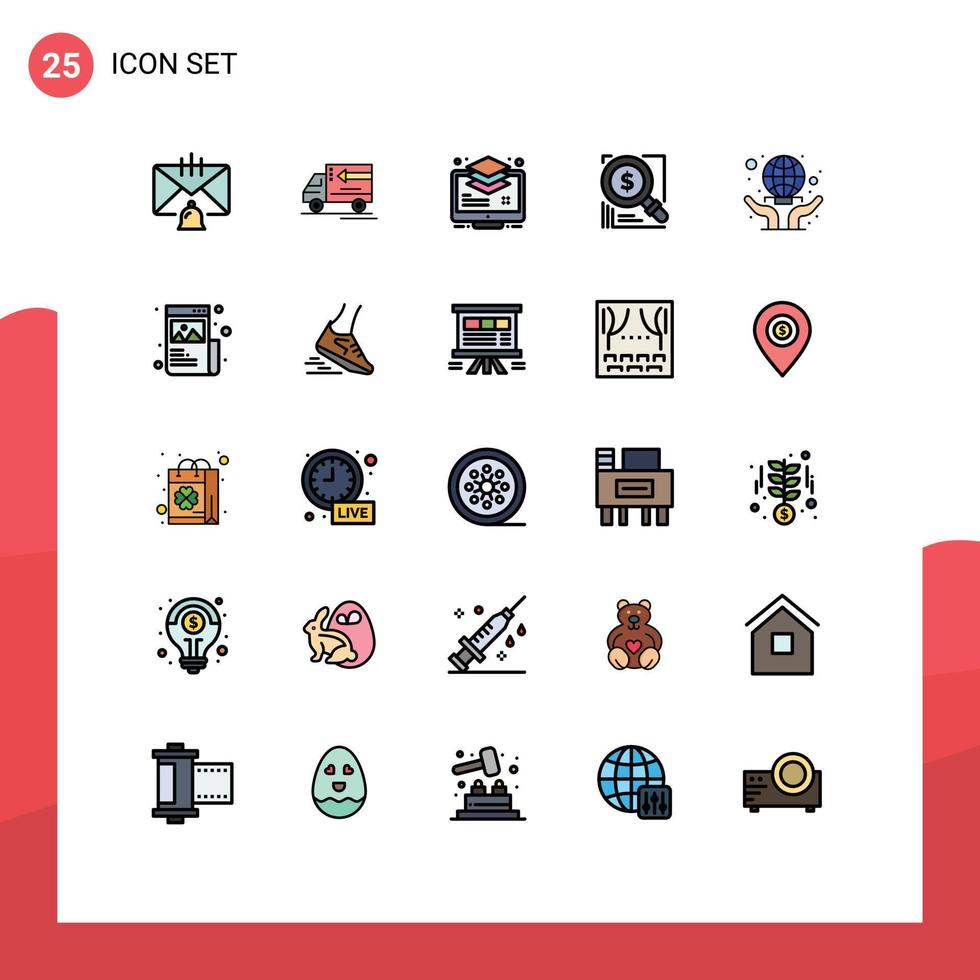 Pack of 25 Modern Filled line Flat Colors Signs and Symbols for Web Print Media such as business dollar vehicle search buffer Editable Vector Design Elements