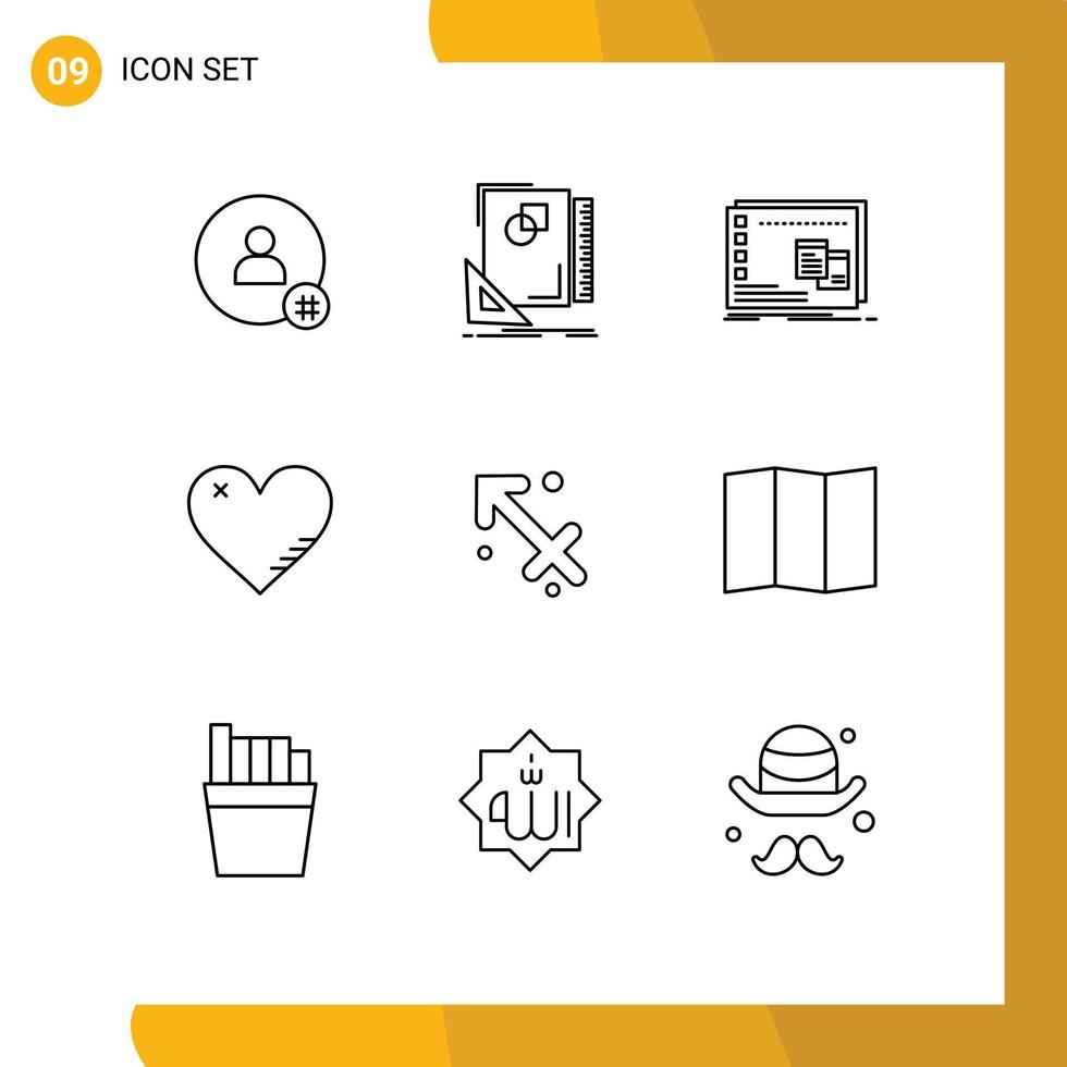 9 Universal Outlines Set for Web and Mobile Applications like heart sketch program operational Editable Vector Design Elements