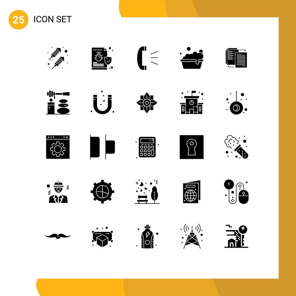 Set of 25 Vector Solid Glyphs on Grid for transfer file answer washing bowl Editable Vector Design Elements
