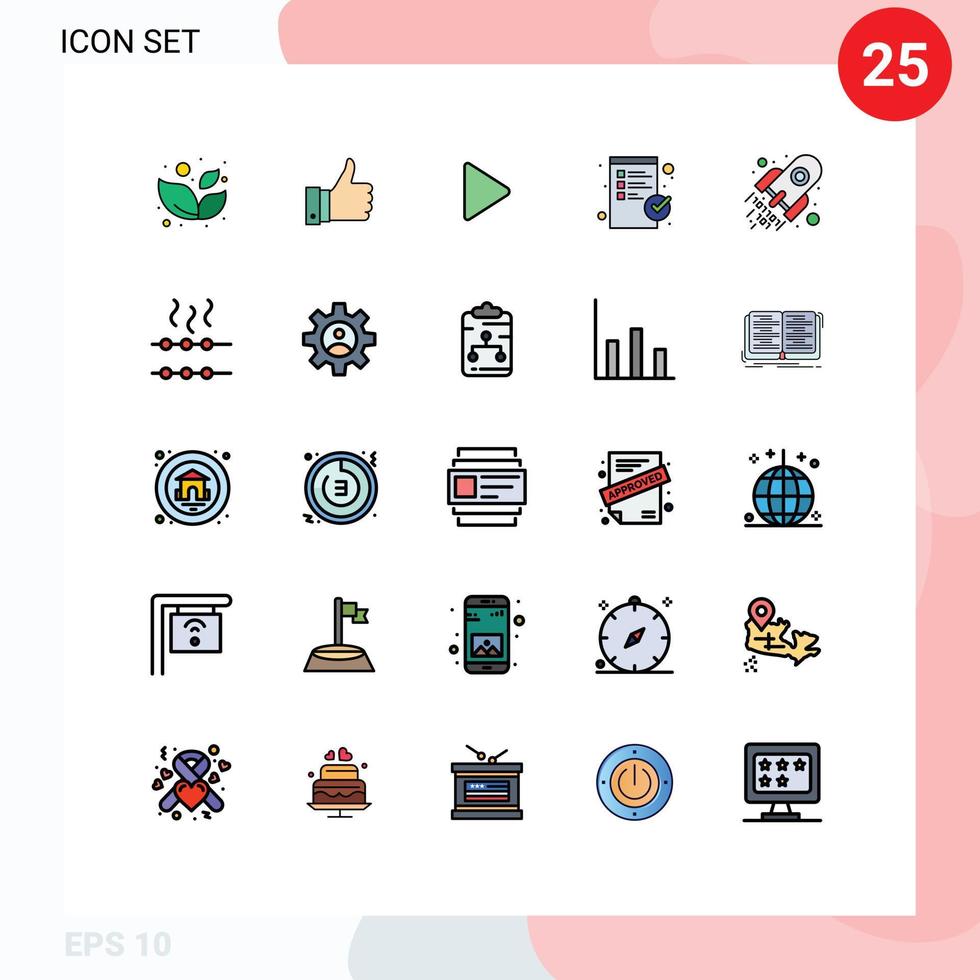 conjunto moderno de 25 colores planos de línea rellena y símbolos, como decodificación de espacio, código de medios, elementos de diseño de vectores editables