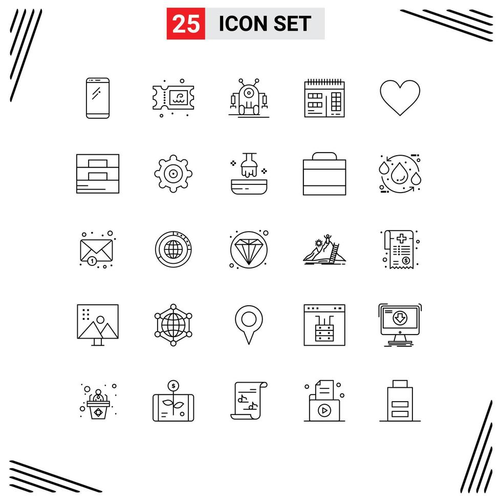User Interface Pack of 25 Basic Lines of interface love human design web Editable Vector Design Elements
