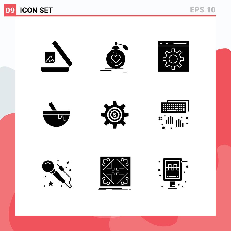 9 Solid Glyph concept for Websites Mobile and Apps cog food wedding bowl programming Editable Vector Design Elements