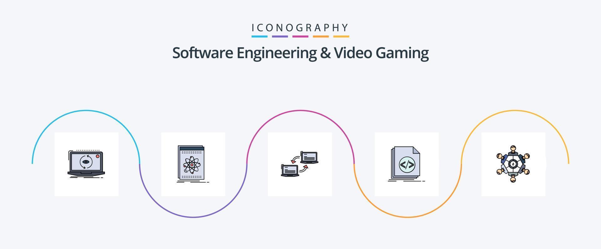 Software Engineering And Video Gaming Line Filled Flat 5 Icon Pack Including file. code. platform. sync. link vector