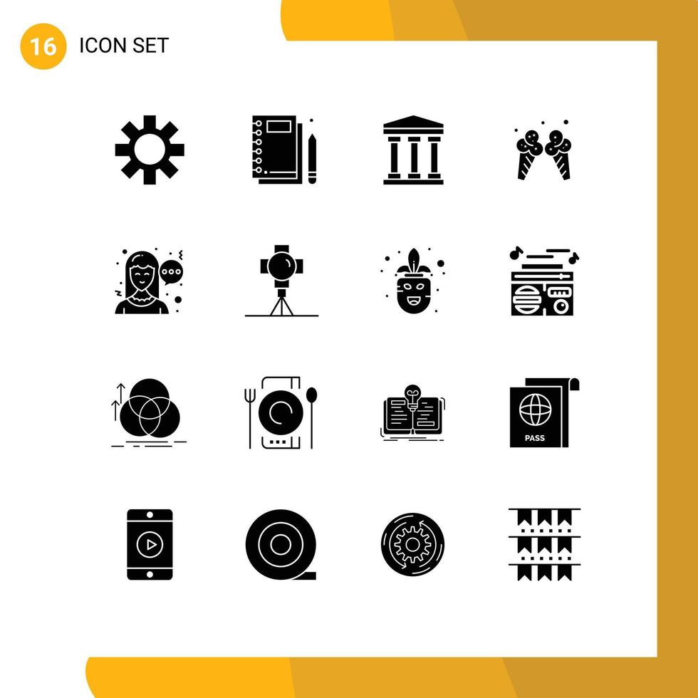 Pack of 16 creative Solid Glyphs of woman chat user american ice Editable Vector Design Elements
