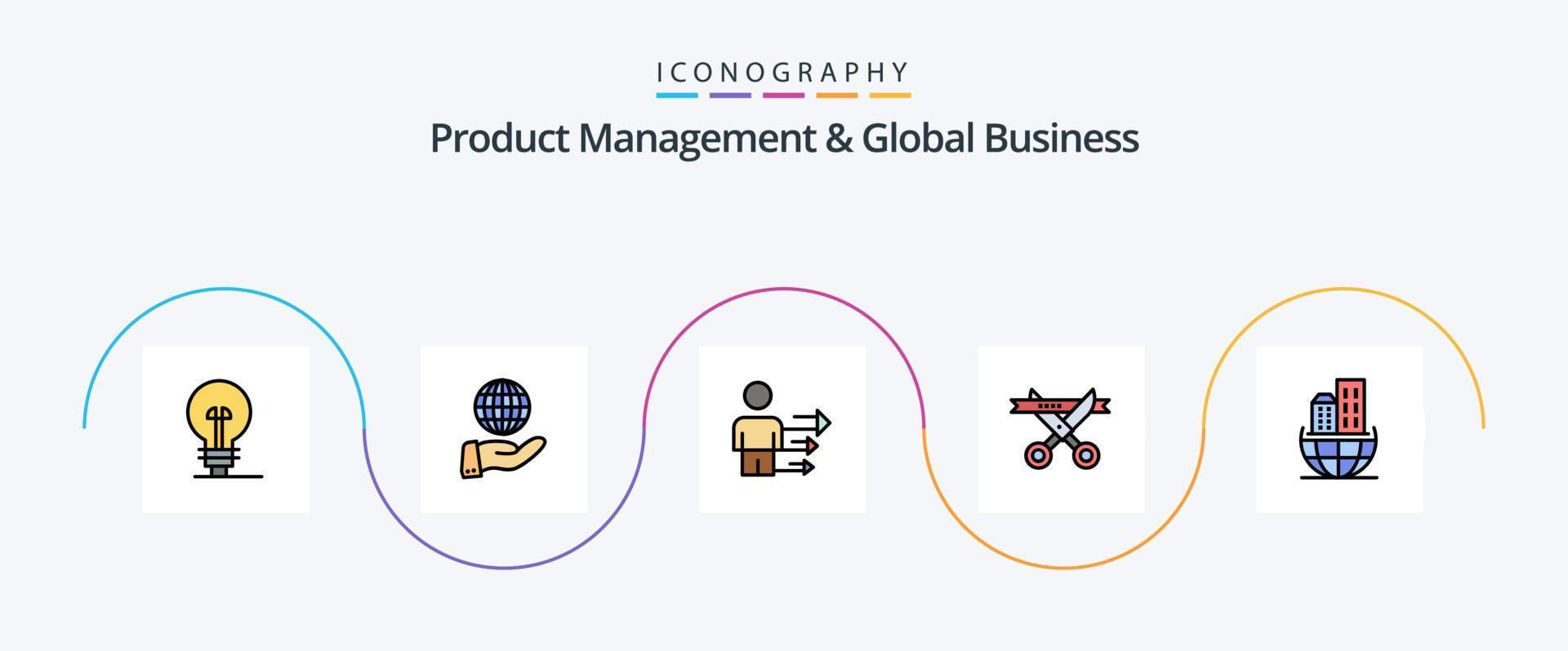 la gestión de productos y la línea de negocios global llenaron un paquete de iconos planos 5 que incluye la arquitectura. apertura. Acercarse. moderno. negocio vector